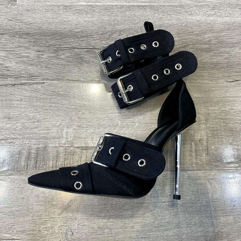 Denim Metal Rivet Buckle Silver Sandals Women's Sexy Punk Style Pointed Metal Hollow 12cm High Heels Size 34-43 Womens Shoes - KIMLUD