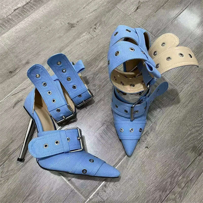 Denim Metal Rivet Buckle Silver Sandals Women's Sexy Punk Style Pointed Metal Hollow 12cm High Heels Size 34-43 Womens Shoes - KIMLUD