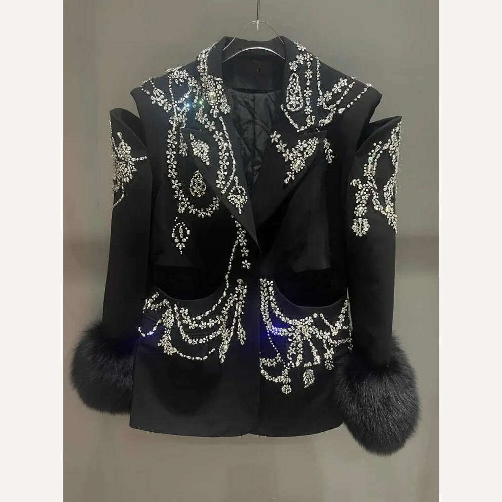 KIMLUD, Design Banquet Luxury Fox Fur Crystal Off Shoulder Hollow Out Black Suit Jacket Women Elegant Padded Blazers Customized 15 Days, KIMLUD Women's Clothes