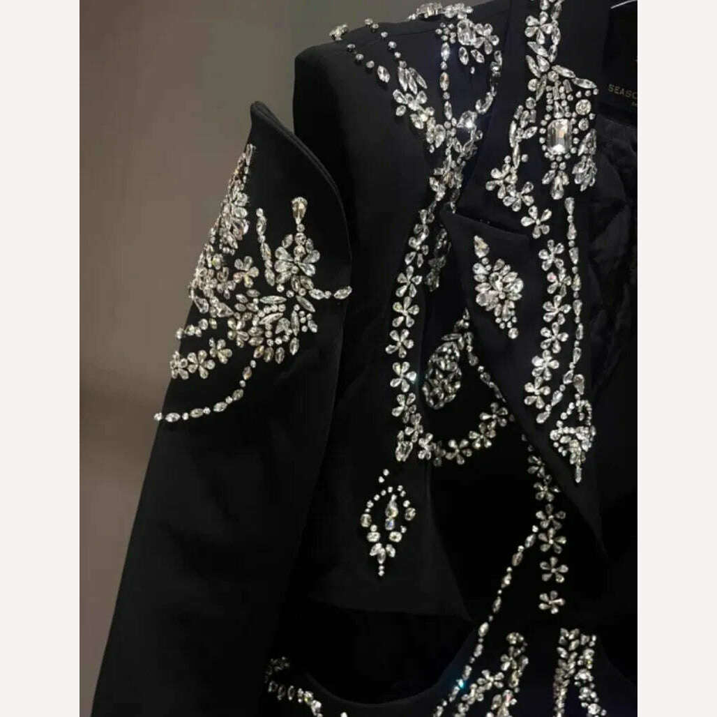 KIMLUD, Design Banquet Luxury Fox Fur Crystal Off Shoulder Hollow Out Black Suit Jacket Women Elegant Padded Blazers Customized 15 Days, KIMLUD Women's Clothes