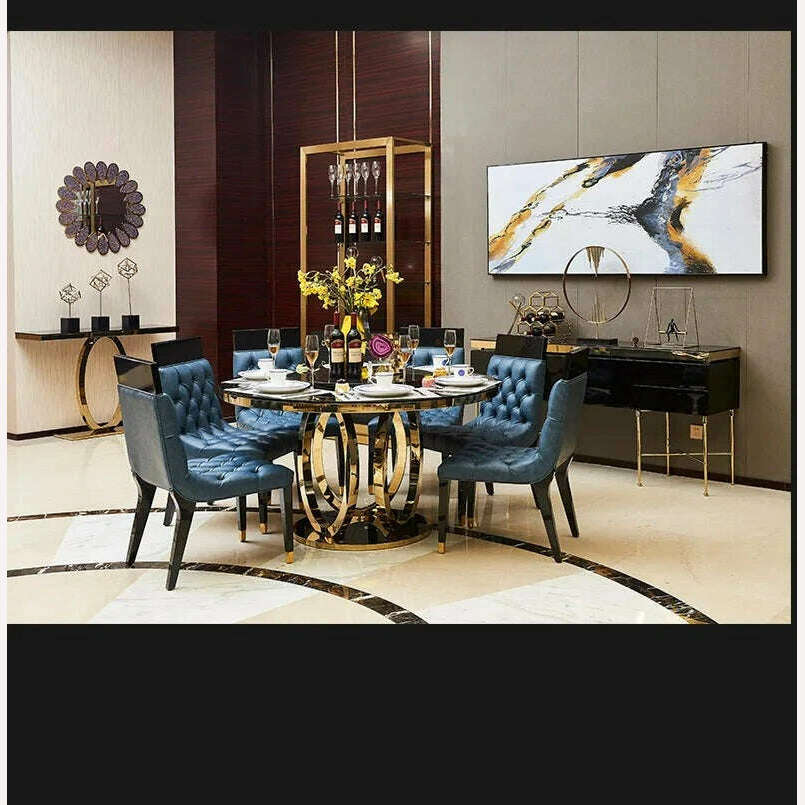 KIMLUD, designer unique new stainless steel golden dining room set with marble table and 6 leather chairs mesa de jantar muebles comedor, KIMLUD Womens Clothes