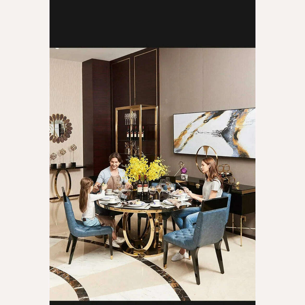 KIMLUD, designer unique new stainless steel golden dining room set with marble table and 6 leather chairs mesa de jantar muebles comedor, KIMLUD Womens Clothes