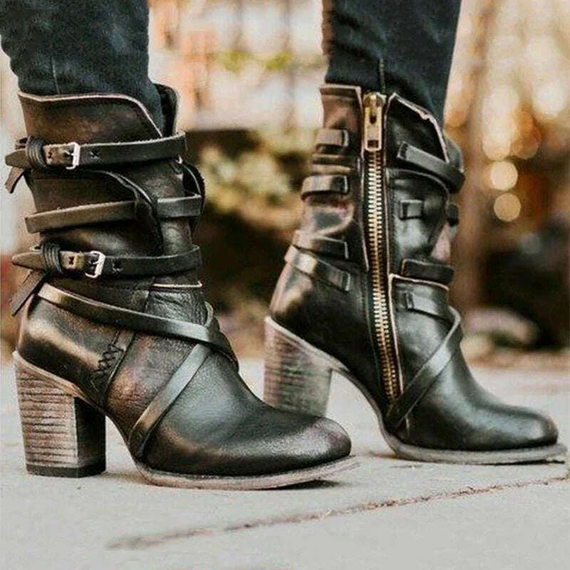 KIMLUD, Designer Vintage Winter Women Shoes Mid Calf Platform Boots High Heels Ladies Booties PU Leather Boots for Women Goth Boots, KIMLUD Womens Clothes