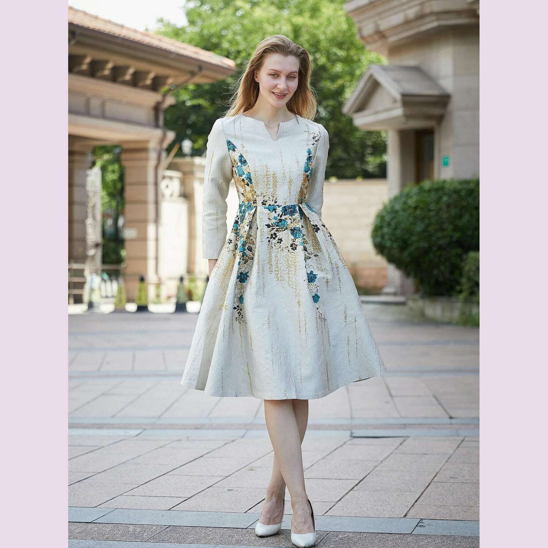 KIMLUD, DEVCHATA Elegant Women Jacquard Dress New Arrival Floral Party Clothing Fashion Summer Evening Mid-Calf Ball Gown Vestido, KIMLUD Womens Clothes