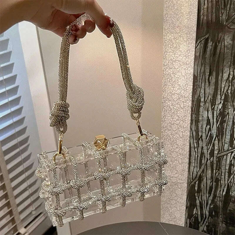 KIMLUD, Diamond Clear Acrylic Box Evening Clutch Bags Women Boutique Woven Knotted Rope Rhinestone Purse and Handbags Wedding Party Ins, KIMLUD Women's Clothes