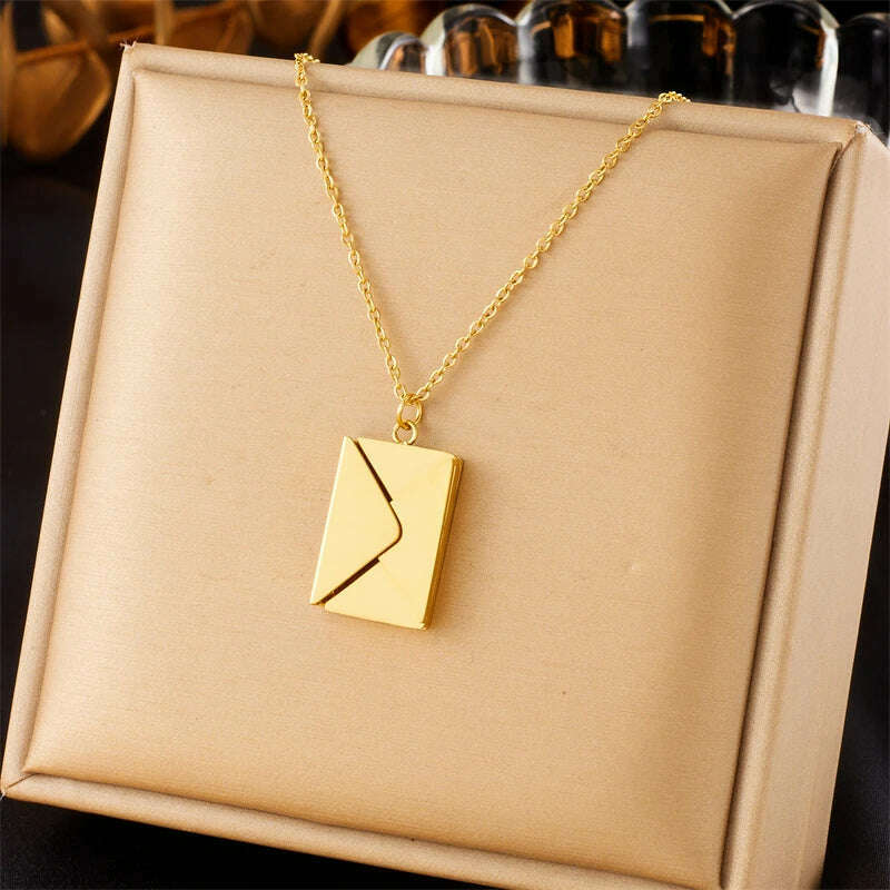 KIMLUD, DIEYURO 316L Stainless Steel Gold Color Envelope Pendant Necklace For Women Fashion New Party Gift Neck Chain Jewelry Colar, N2650, KIMLUD Womens Clothes