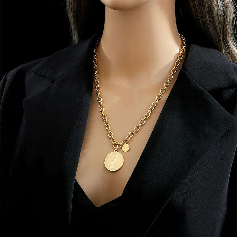 KIMLUD, DIEYURO 316L Stainless Steel Gold Color Hip Hop Round Portrait Coin Necklace For Women Men Fashion Trend Girl Jewelry Gift Joyas, KIMLUD Women's Clothes