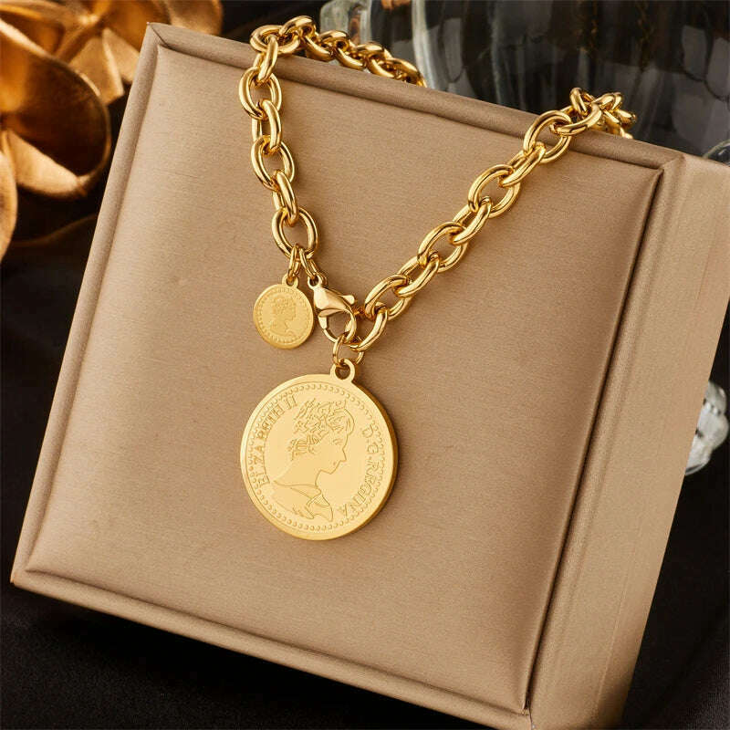 KIMLUD, DIEYURO 316L Stainless Steel Gold Color Hip Hop Round Portrait Coin Necklace For Women Men Fashion Trend Girl Jewelry Gift Joyas, KIMLUD Women's Clothes