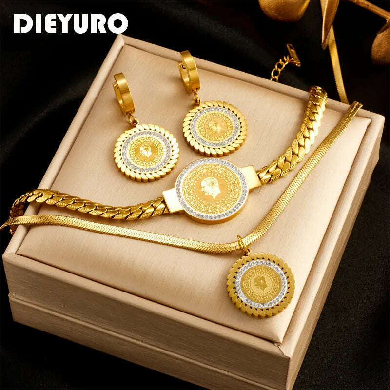 KIMLUD, DIEYURO 316L Stainless Steel Round Portrait Charm Necklace Bracelets Earrings For Women Girl New Trend Non-fading Jewelry Set, KIMLUD Womens Clothes