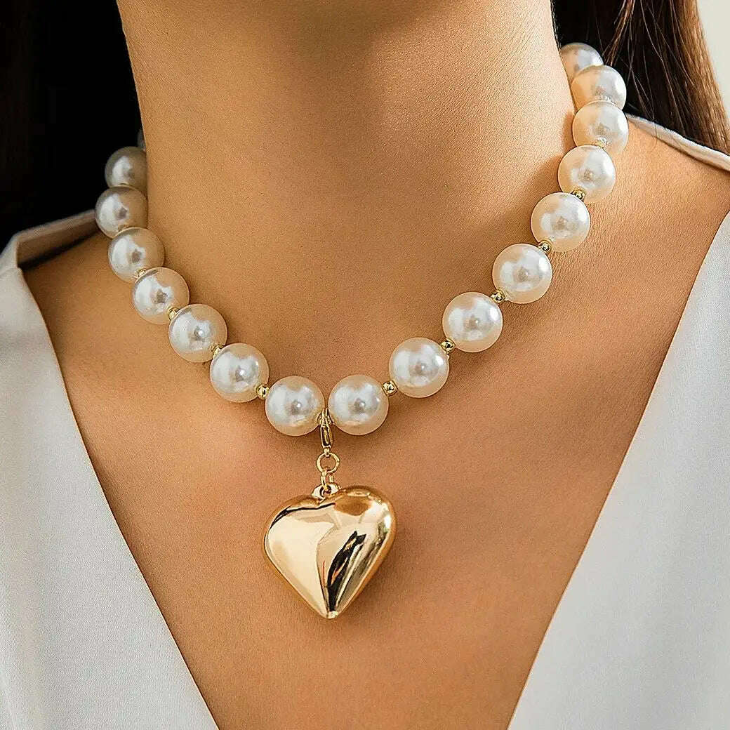 KIMLUD, DIEZI Exaggerated CCB Heart Pendant Necklace Women Party Vintage Punk Fashion Pearl Beads Choker Statement Collar Neck Jewelry, KIMLUD Womens Clothes