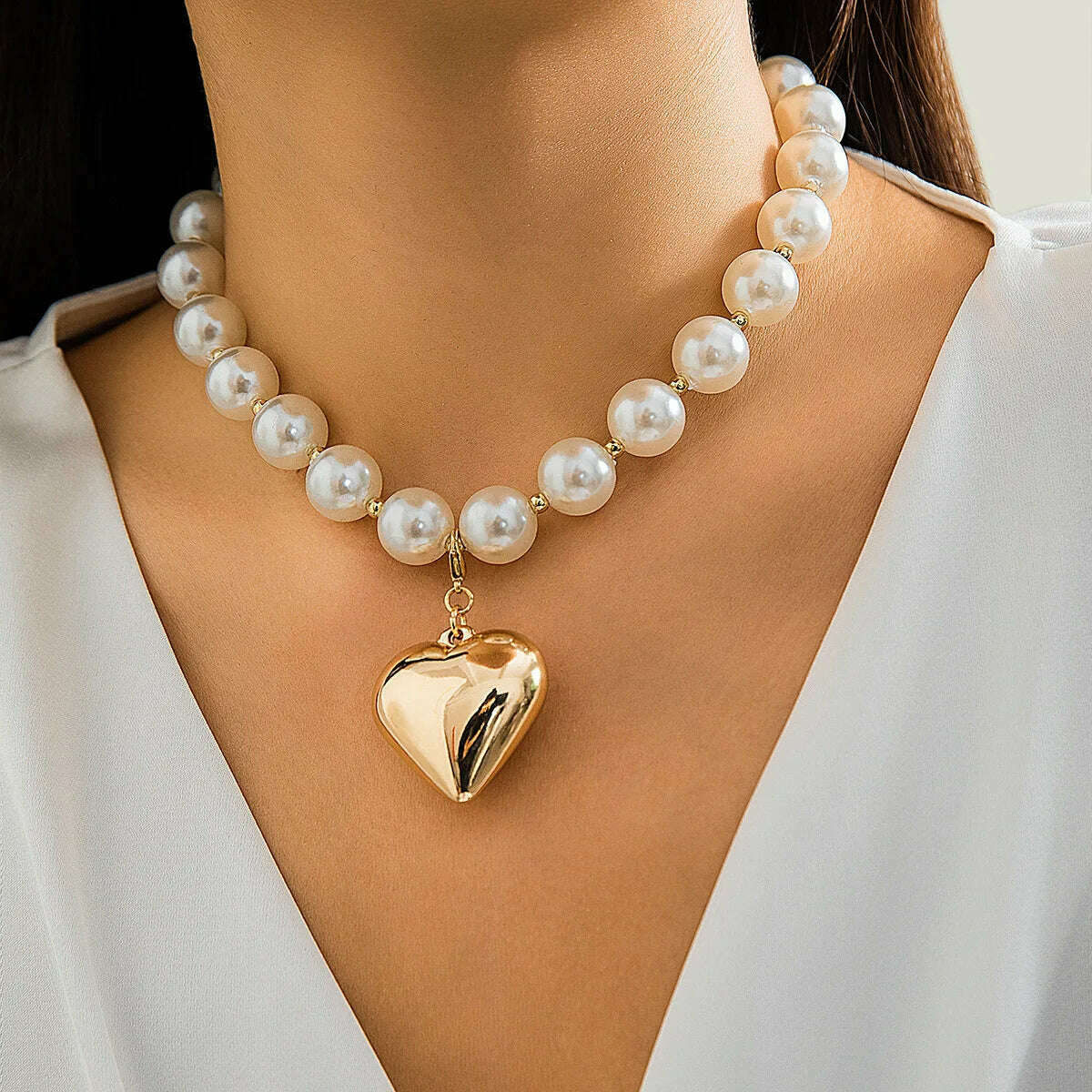 KIMLUD, DIEZI Exaggerated CCB Heart Pendant Necklace Women Party Vintage Punk Fashion Pearl Beads Choker Statement Collar Neck Jewelry, gold 6215, KIMLUD Women's Clothes