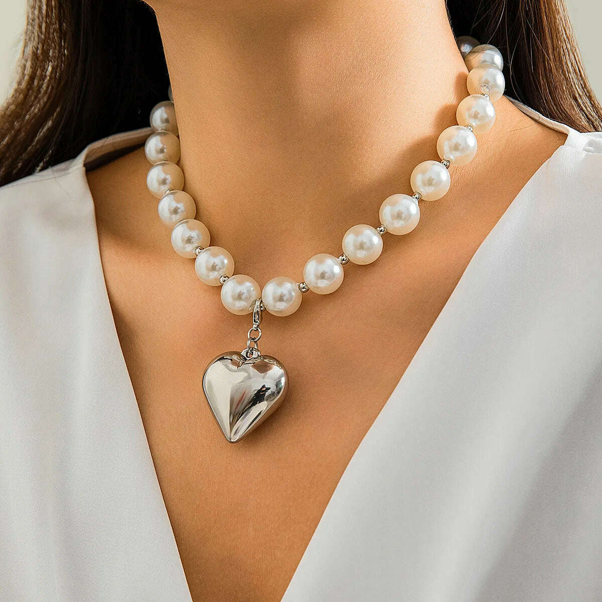KIMLUD, DIEZI Exaggerated CCB Heart Pendant Necklace Women Party Vintage Punk Fashion Pearl Beads Choker Statement Collar Neck Jewelry, silver 6215, KIMLUD Women's Clothes