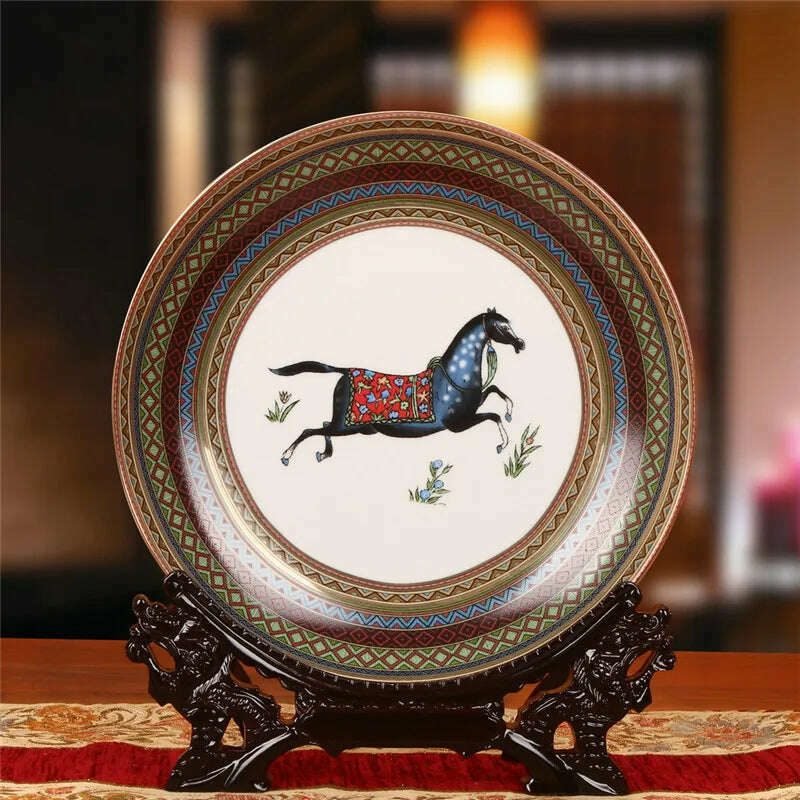 KIMLUD, Dinner Plates China Ceramic Dishes Kitchen Ware Luxury Wedding Gifts Presents European Horse/Peacock Decorative Crafts 10 Inches, KIMLUD Womens Clothes