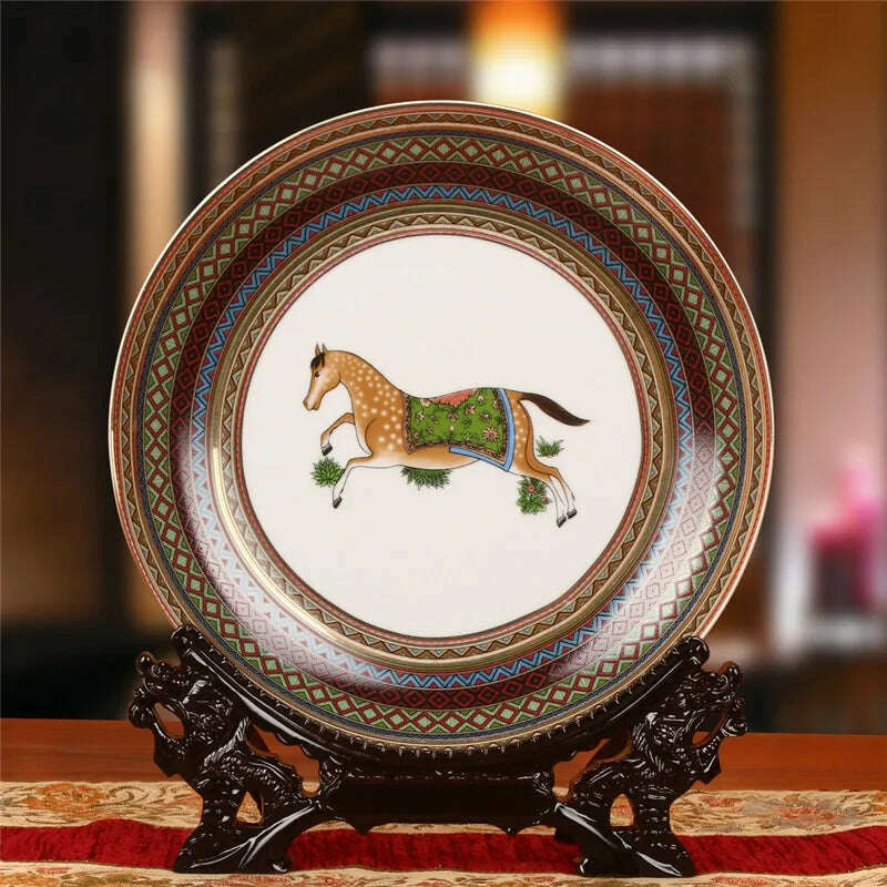 KIMLUD, Dinner Plates China Ceramic Dishes Kitchen Ware Luxury Wedding Gifts Presents European Horse/Peacock Decorative Crafts 10 Inches, KIMLUD Womens Clothes