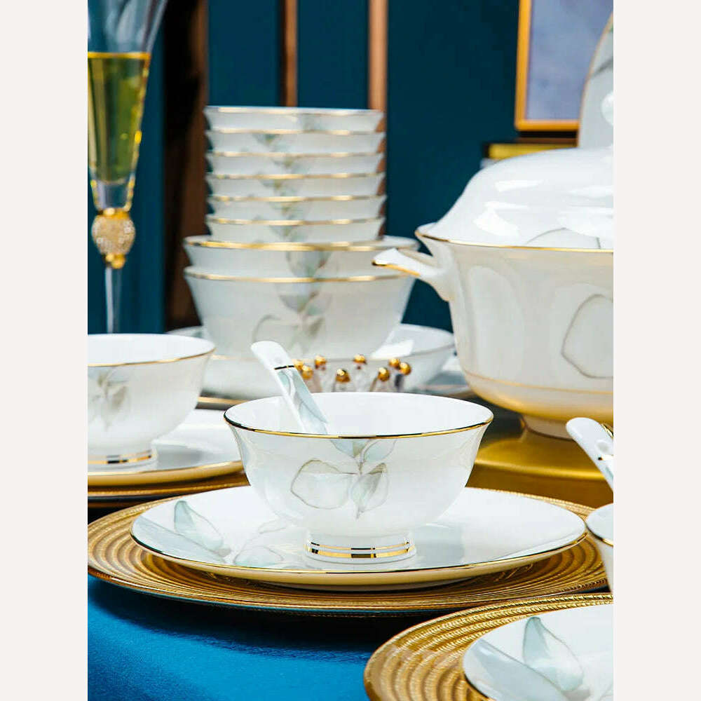 Dish Set Household Luxury Bone China Tableware Jingdezhen Bowl Plate Combination Relocation Bowl Chopsticks Plate Ceramic - KIMLUD