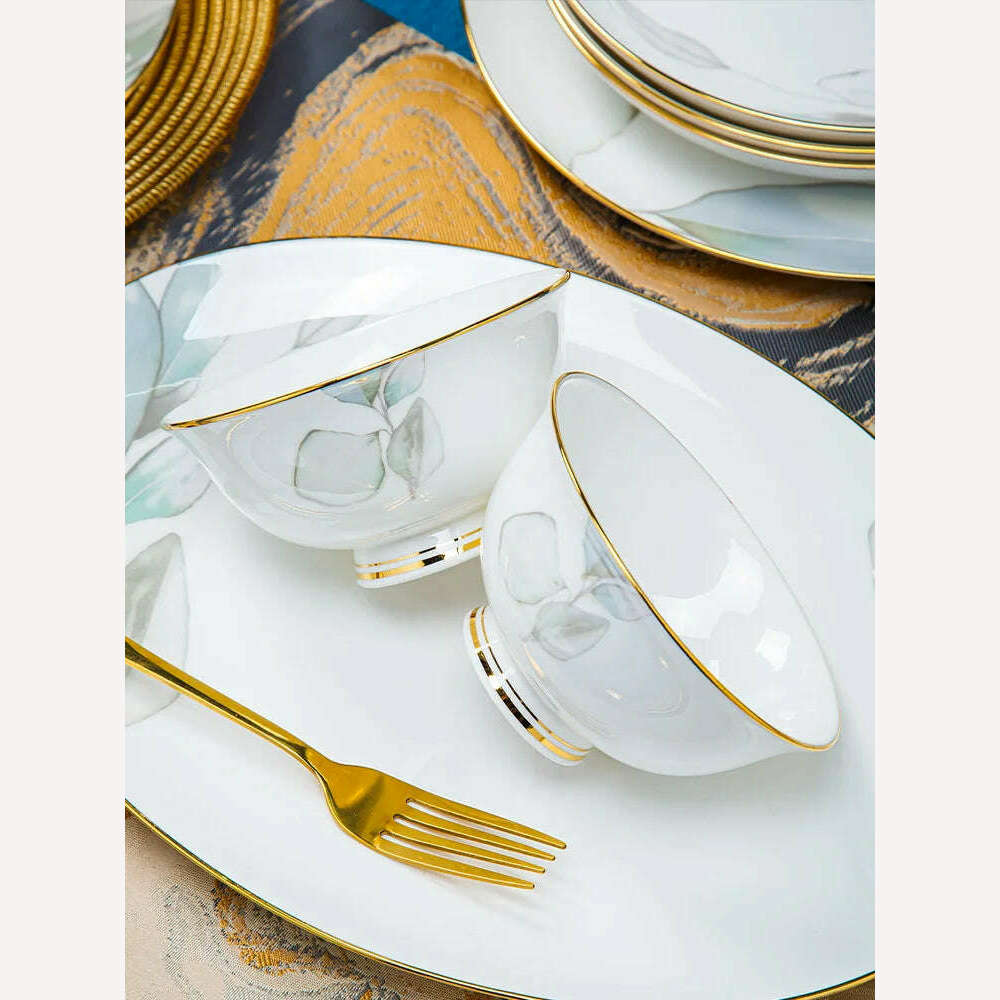 KIMLUD, Dish Set Household Luxury Bone China Tableware Jingdezhen Bowl Plate Combination Relocation Bowl Chopsticks Plate Ceramic, KIMLUD Womens Clothes