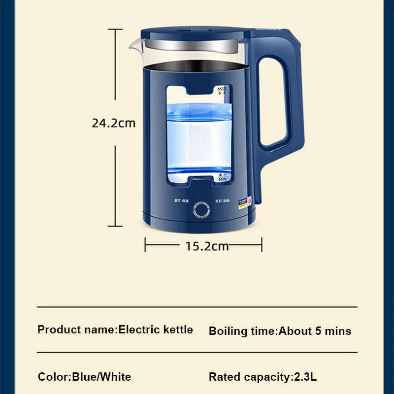 DMWD 2.2L Electric Kettle Quick Heating Hot Water Boiling Teapot Glass Blue Light Heater Pot Boiler Auto-Power Off Cooker 220V - KIMLUD