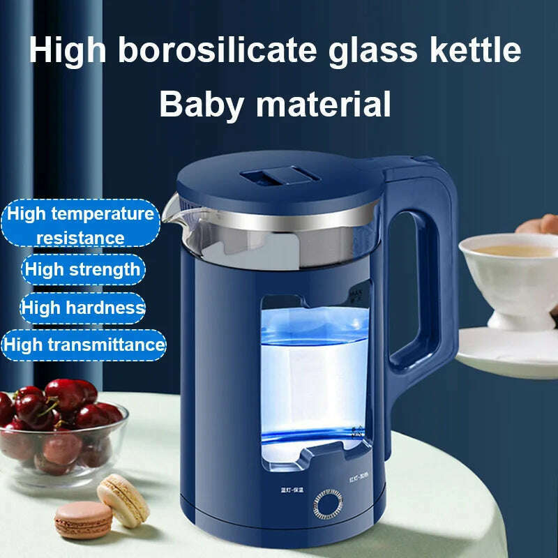 DMWD 2.2L Electric Kettle Quick Heating Hot Water Boiling Teapot Glass Blue Light Heater Pot Boiler Auto-Power Off Cooker 220V - KIMLUD