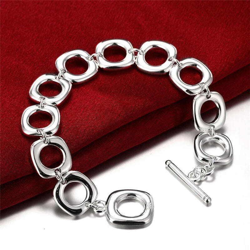 KIMLUD, DOTEFFIL 925 Sterling Silver Square Round Circle Chain Bracelet For Woman Men Charm Wedding Engagement Fashion Party Jewelry, KIMLUD Women's Clothes