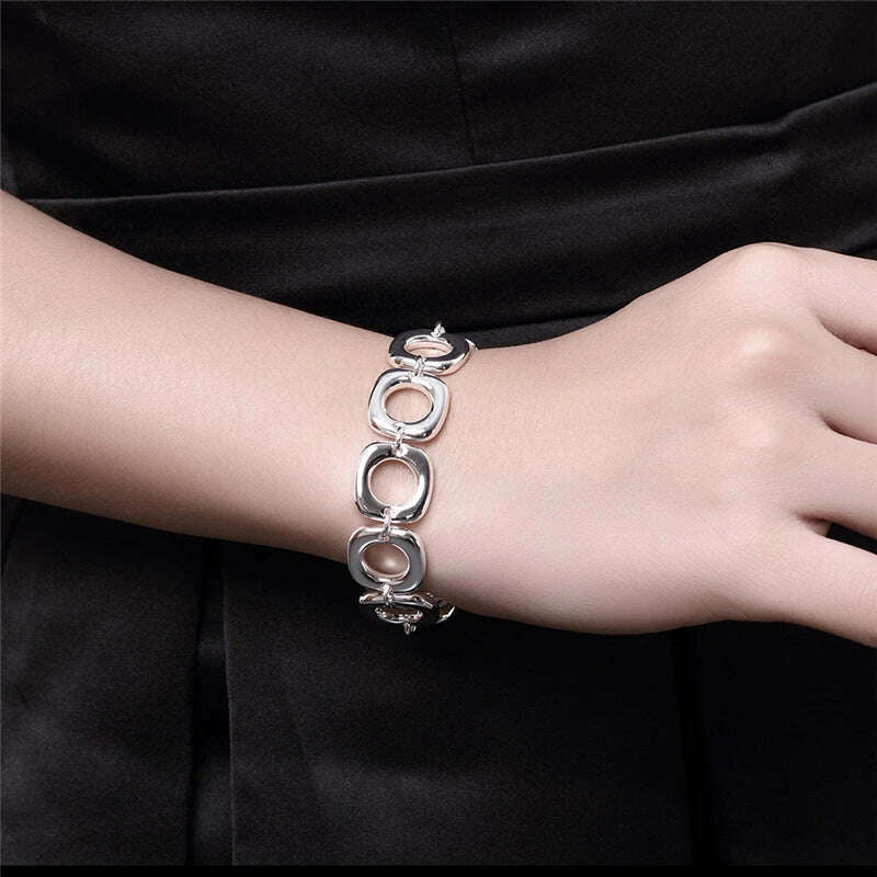 KIMLUD, DOTEFFIL 925 Sterling Silver Square Round Circle Chain Bracelet For Woman Men Charm Wedding Engagement Fashion Party Jewelry, KIMLUD Women's Clothes