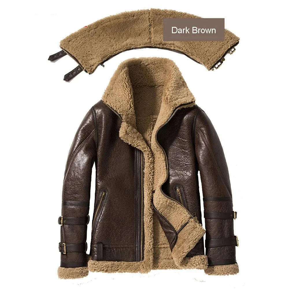 KIMLUD, Double Collars Thick Genuine Leather Sheepskin Fur Jacket Natural Shearling Fur Coat Winter Men Warm Fur Clothing, Pattern 1 Dark Brown / M, KIMLUD Womens Clothes