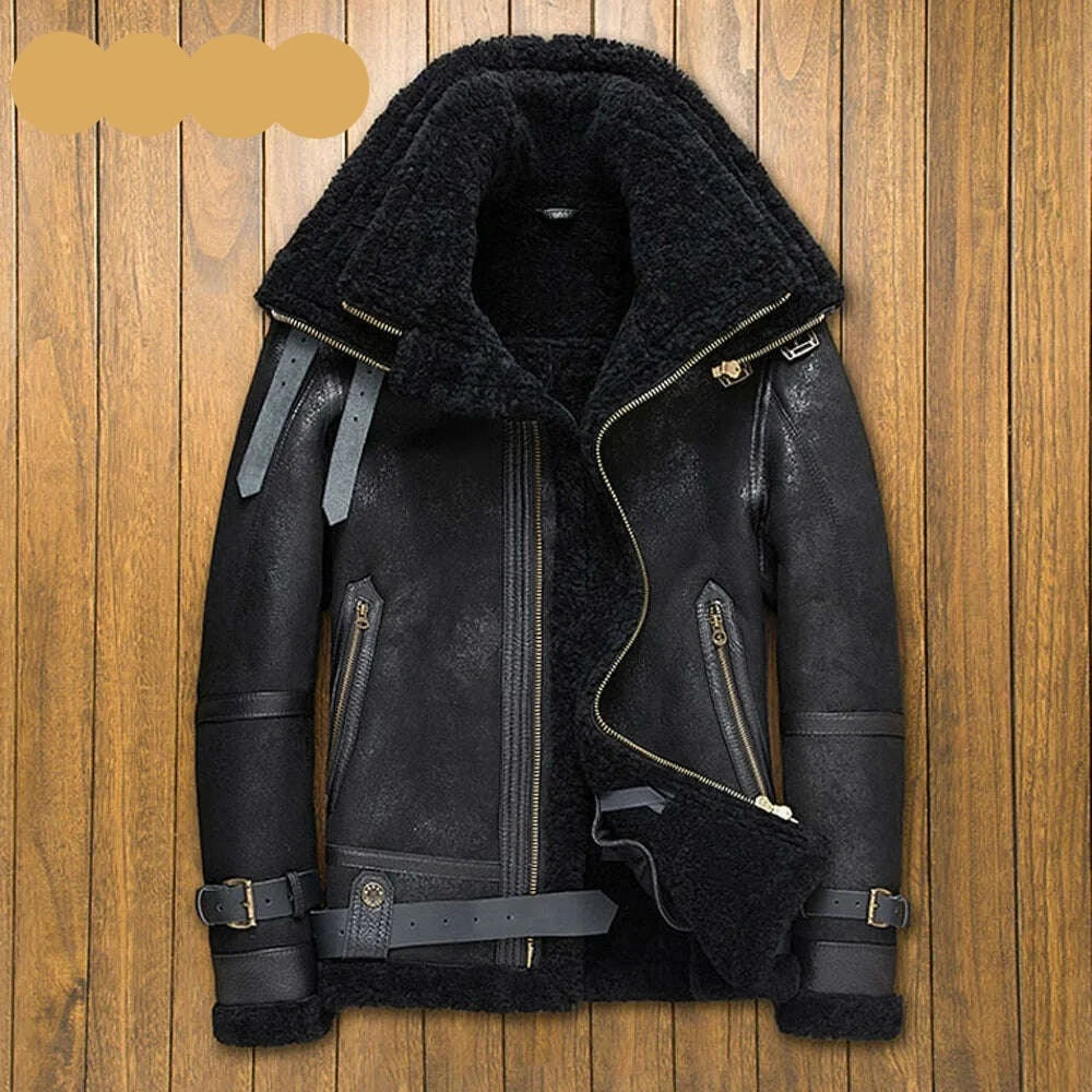 KIMLUD, Double Collars Thick Genuine Leather Sheepskin Fur Jacket Natural Shearling Fur Coat Winter Men Warm Fur Clothing, Pattern 2 Black / XL, KIMLUD Womens Clothes