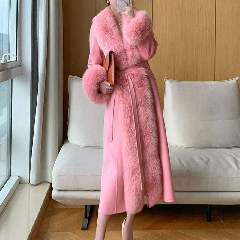 Double-faced Woolen Coat Women Oversized Fox Fur Collar Fashion Warm Overcoat Belt Slim Long Jacket Fall Winter Female Clothing, Pink / S / CHINA, KIMLUD Women's Clothes