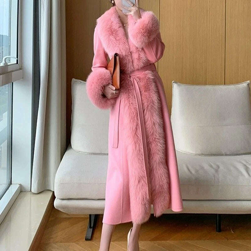 KIMLUD, Double-faced Woolen Coat Women Oversized Fox Fur Collar Fashion Warm Overcoat Belt Slim Long Jacket Fall Winter Female Clothing, Pink / S / CHINA, KIMLUD APPAREL - Womens Clothes