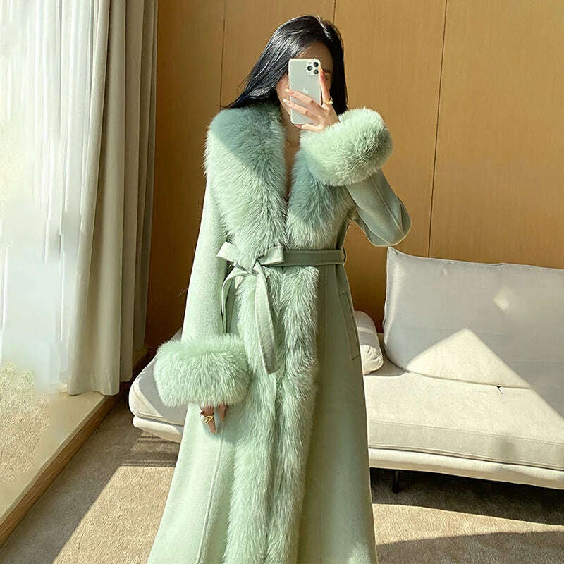 KIMLUD, Double-faced Woolen Coat Women Oversized Fox Fur Collar Fashion Warm Overcoat Belt Slim Long Jacket Fall Winter Female Clothing, Green / S / CHINA, KIMLUD Women's Clothes