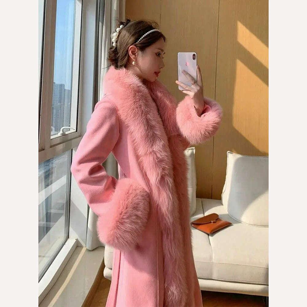 KIMLUD, Double-faced Woolen Coat Women Oversized Fox Fur Collar Fashion Warm Overcoat Belt Slim Long Jacket Fall Winter Female Clothing, KIMLUD Womens Clothes
