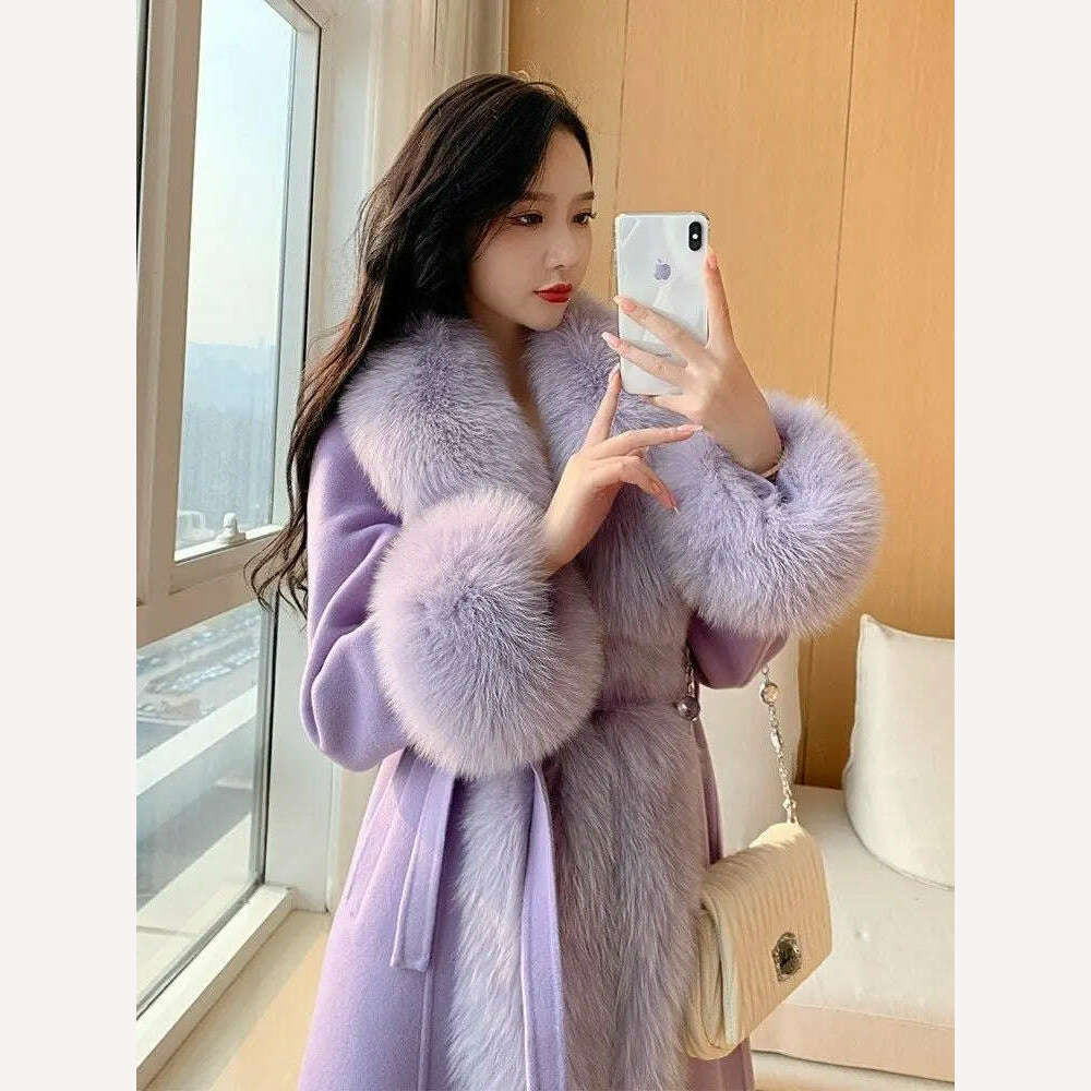 KIMLUD, Double-faced Woolen Coat Women Oversized Fox Fur Collar Fashion Warm Overcoat Belt Slim Long Jacket Fall Winter Female Clothing, KIMLUD Womens Clothes
