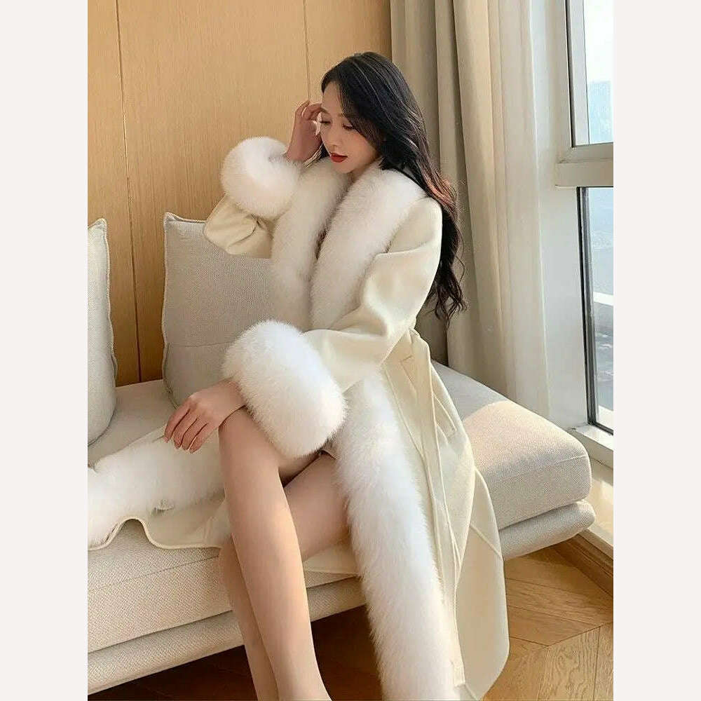 KIMLUD, Double-faced Woolen Coat Women Oversized Fox Fur Collar Fashion Warm Overcoat Belt Slim Long Jacket Fall Winter Female Clothing, KIMLUD Women's Clothes
