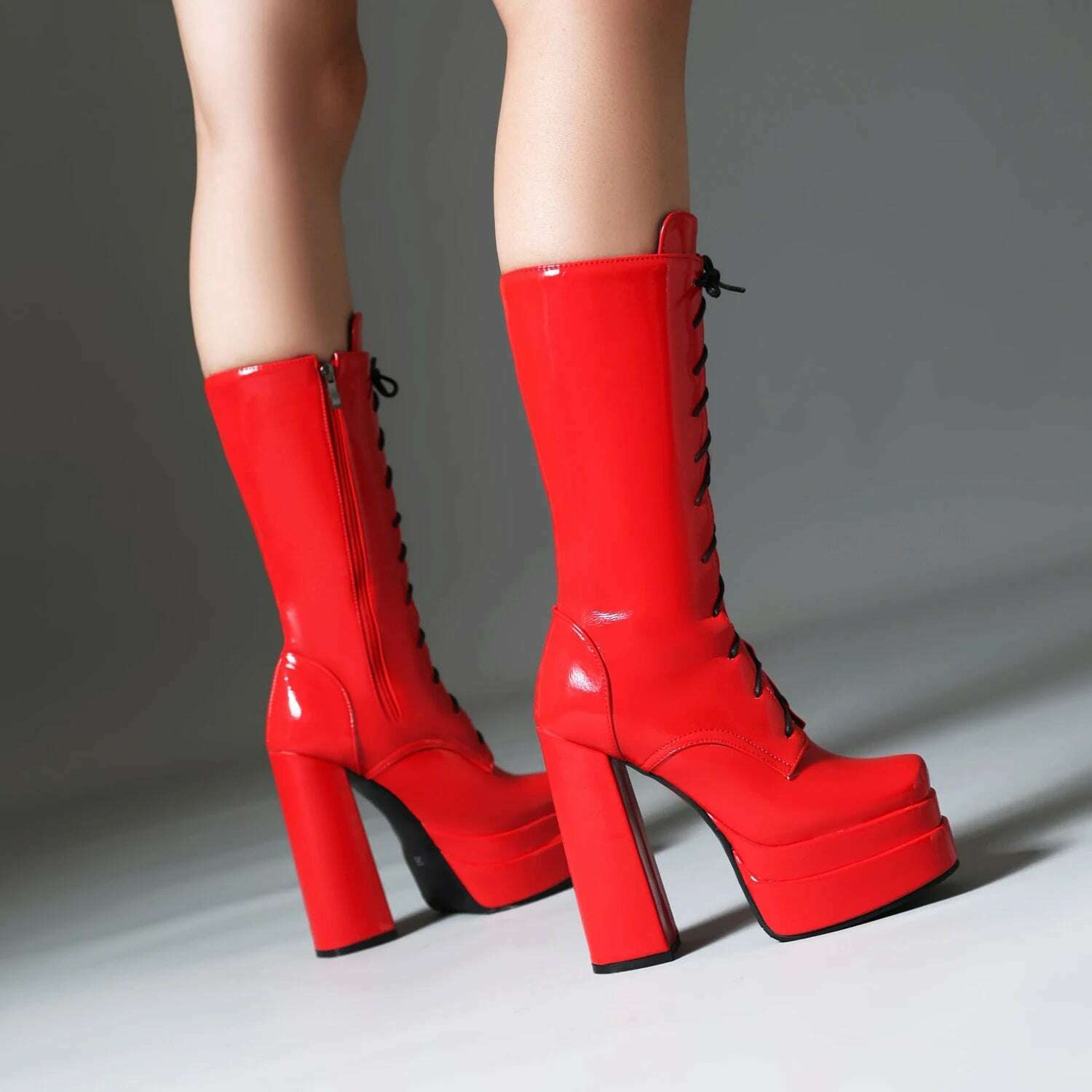 Double Layer Platform Square Toe High Thick Heel Glossy Patent Leather Mid Tube Boots Tie Up Zipper Plush Lining Winter Boots - KIMLUD