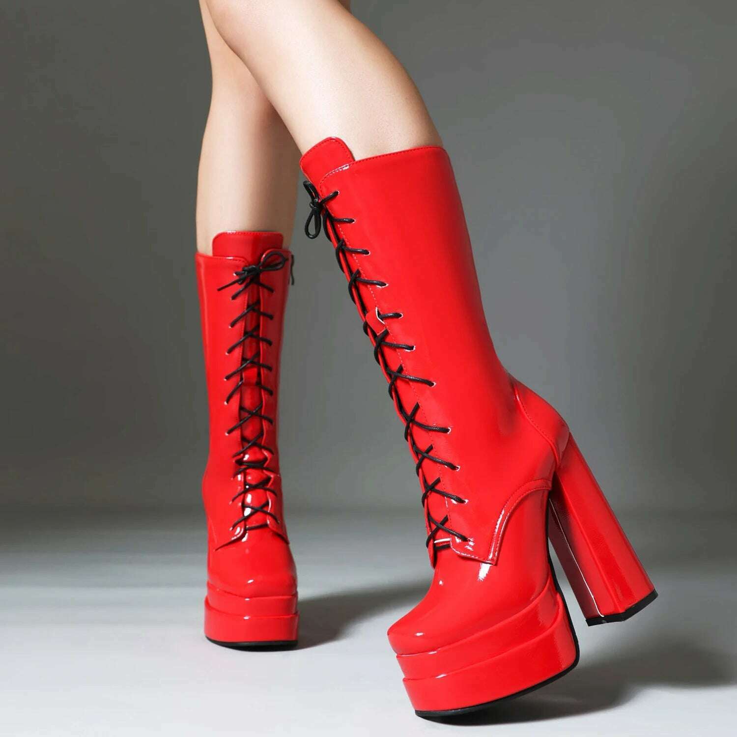 Double Layer Platform Square Toe High Thick Heel Glossy Patent Leather Mid Tube Boots Tie Up Zipper Plush Lining Winter Boots - KIMLUD