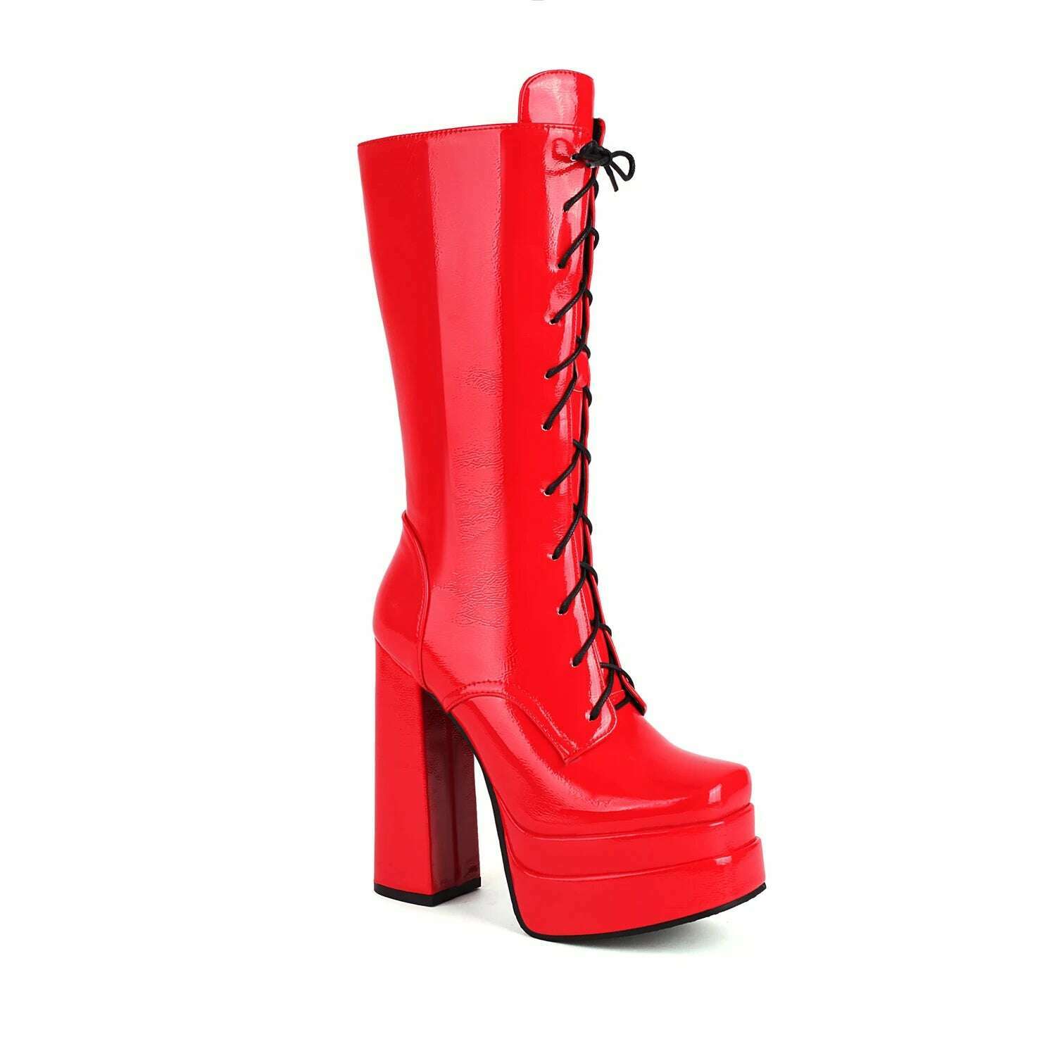 Double Layer Platform Square Toe High Thick Heel Glossy Patent Leather Mid Tube Boots Tie Up Zipper Plush Lining Winter Boots - KIMLUD