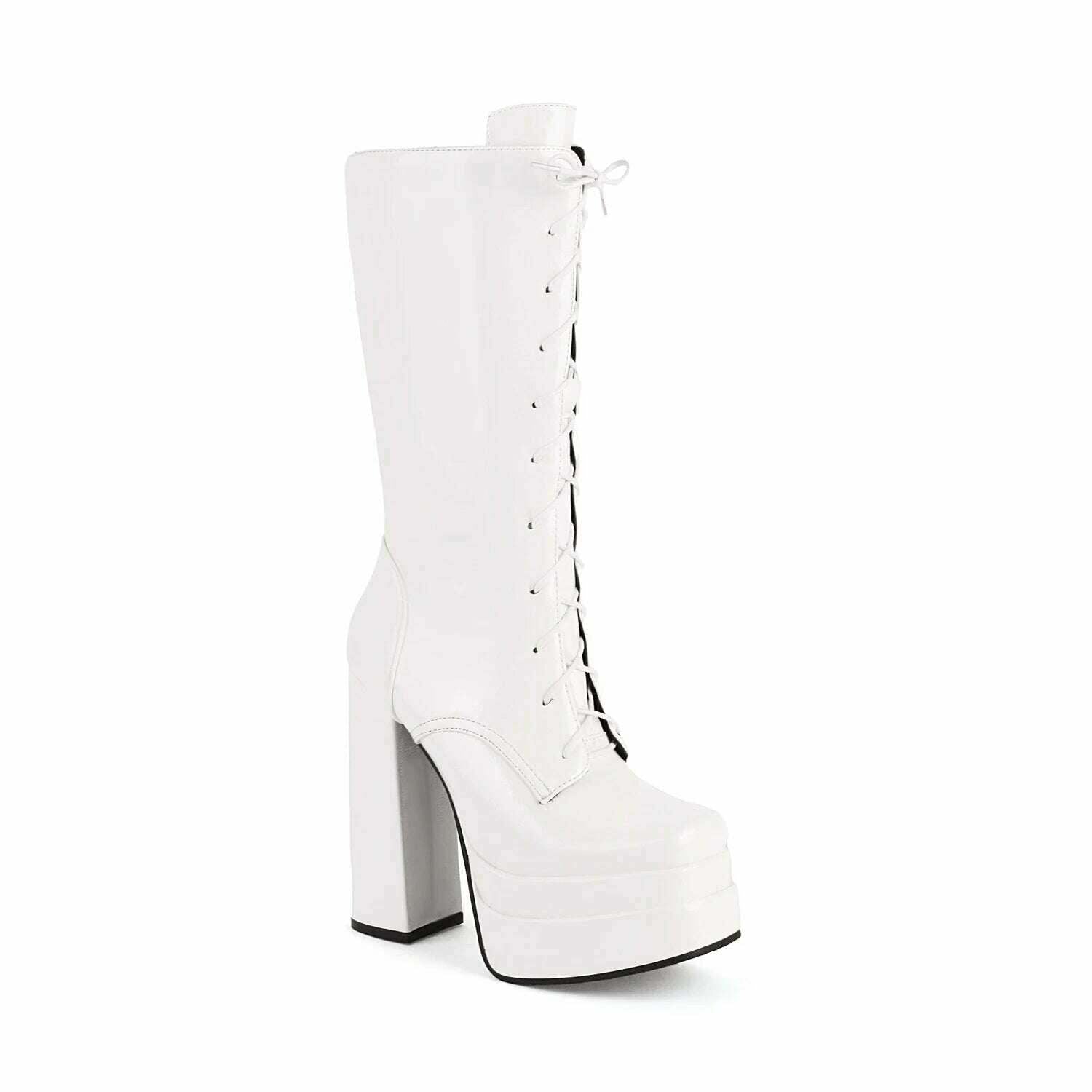 Double Layer Platform Square Toe High Thick Heel Glossy Patent Leather Mid Tube Boots Tie Up Zipper Plush Lining Winter Boots - KIMLUD