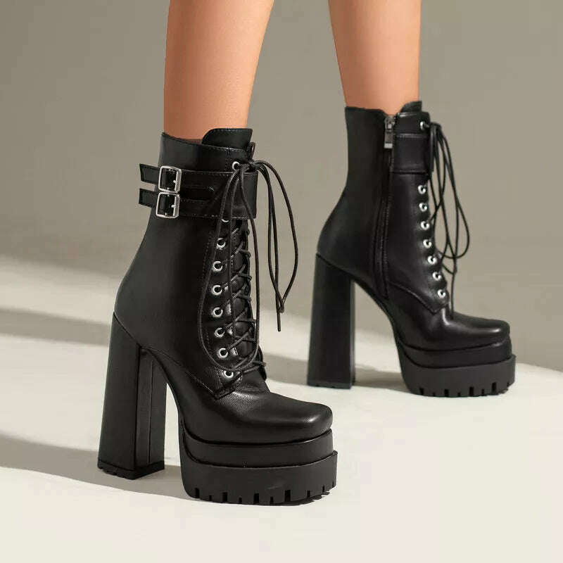 KIMLUD, Double Platform Women Punk Boots Square Toe Super High Heel Ankle Boots Lace Up Zipper Motorcycle Boots Autumn Winter Lady Shoes, KIMLUD Womens Clothes