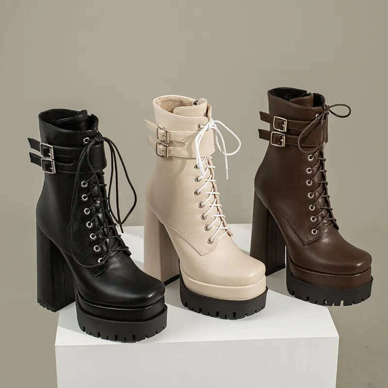 KIMLUD, Double Platform Women Punk Boots Square Toe Super High Heel Ankle Boots Lace Up Zipper Motorcycle Boots Autumn Winter Lady Shoes, KIMLUD Womens Clothes