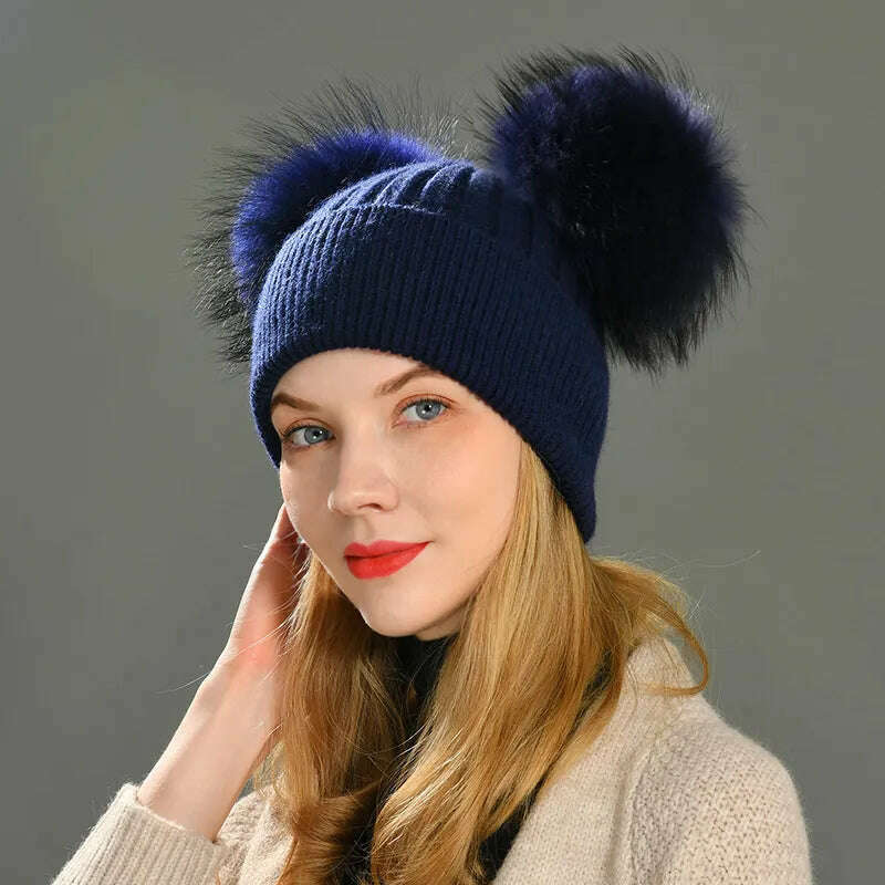 Double Real Raccoon Fur Pompom Hat Women Winter Caps Knitted Wool Hats Skullies Beanies Girls Female Two Fur Pom Pom Beanie Hat - KIMLUD