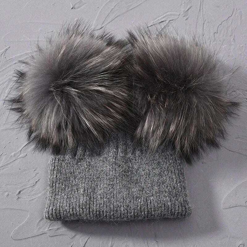Double Real Raccoon Fur Pompom Hat Women Winter Caps Knitted Wool Hats Skullies Beanies Girls Female Two Fur Pom Pom Beanie Hat - KIMLUD