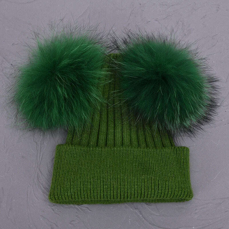 Double Real Raccoon Fur Pompom Hat Women Winter Caps Knitted Wool Hats Skullies Beanies Girls Female Two Fur Pom Pom Beanie Hat - KIMLUD