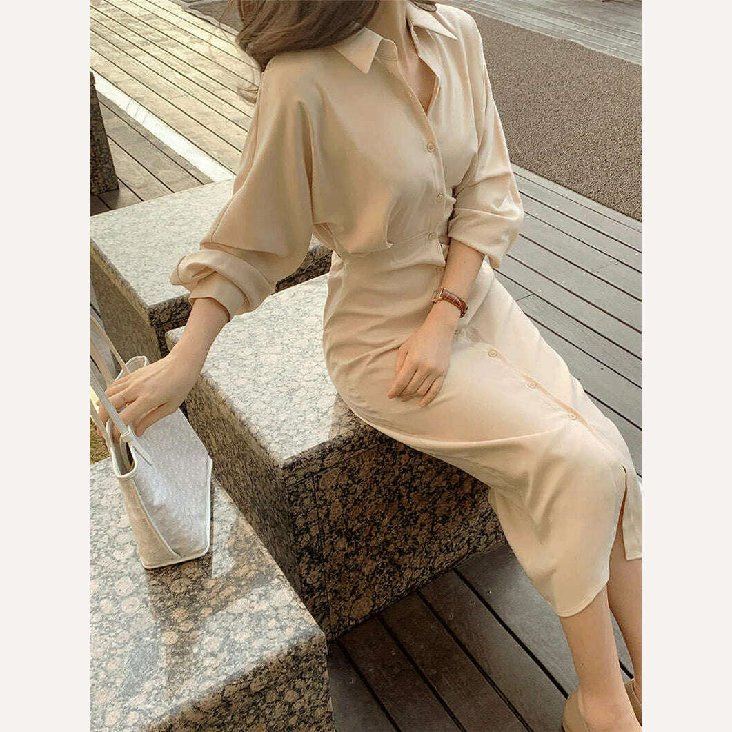 KIMLUD, DR2226A 2023 New High Waist Vintage Lace Up Single Breasted Elegant Minimalist Style Autumn Winter Women Shirt Dress Long Dress, KIMLUD Womens Clothes