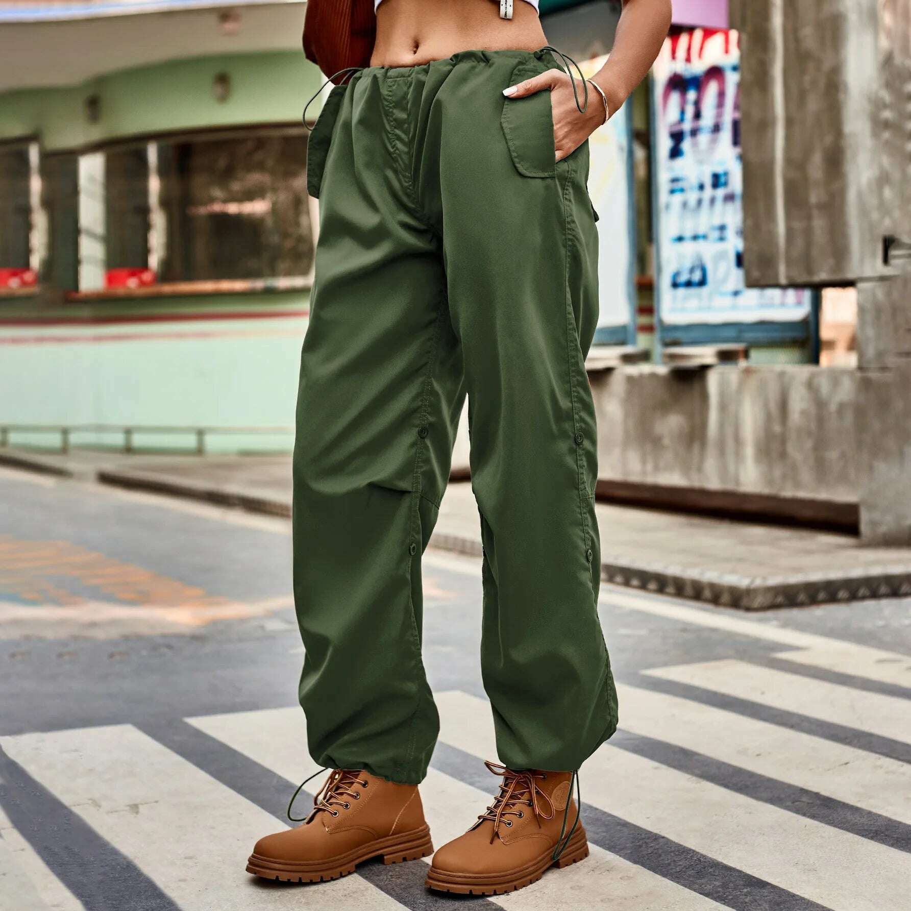KIMLUD, Drawstring Low Waist Y2K Cargo Pants Women Pockets Baggy Hippie Wide Leg Trousers Korean Vintage Streetwear Sweatpant Pants, Green / S, KIMLUD Women's Clothes