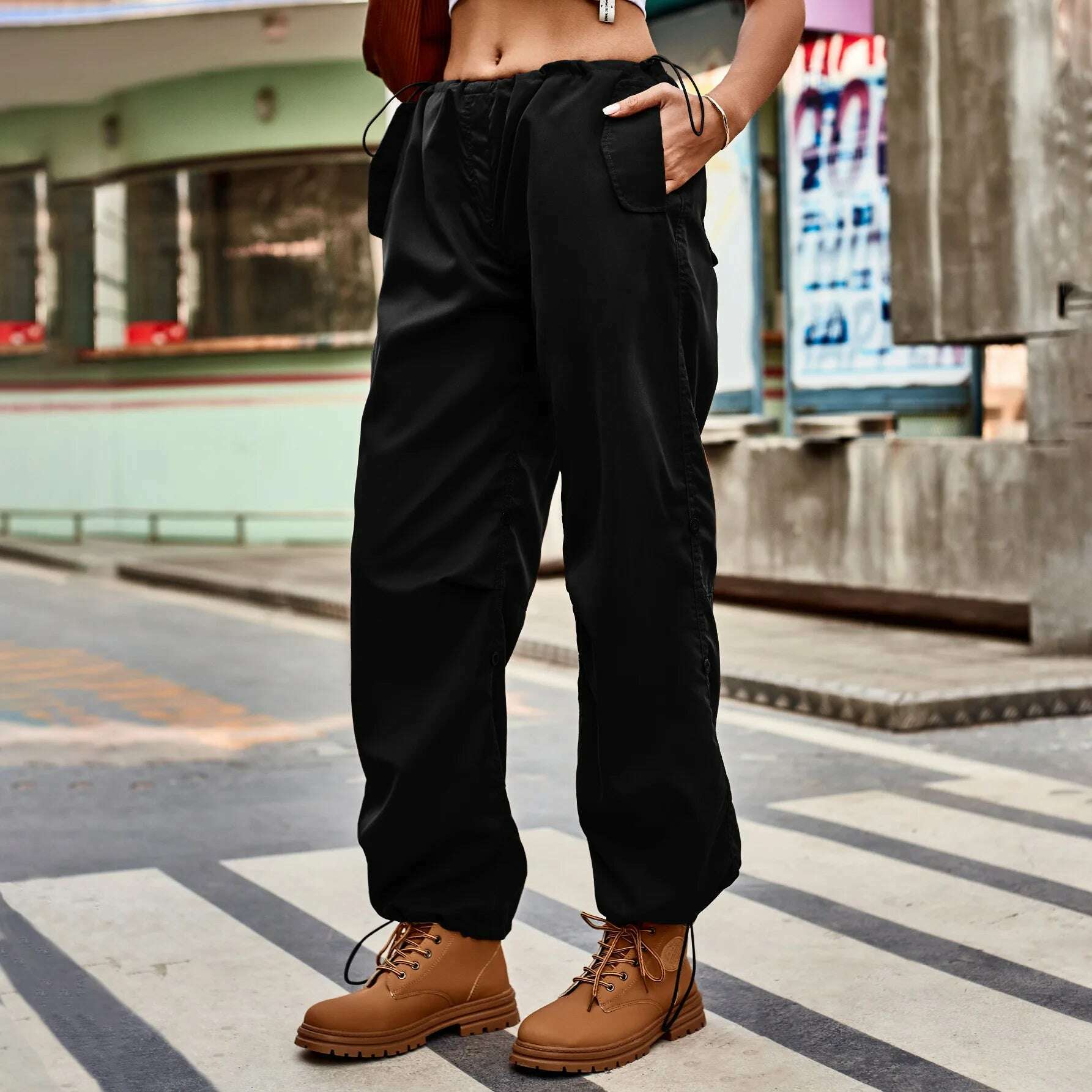 KIMLUD, Drawstring Low Waist Y2K Cargo Pants Women Pockets Baggy Hippie Wide Leg Trousers Korean Vintage Streetwear Sweatpant Pants, Black / S, KIMLUD Women's Clothes