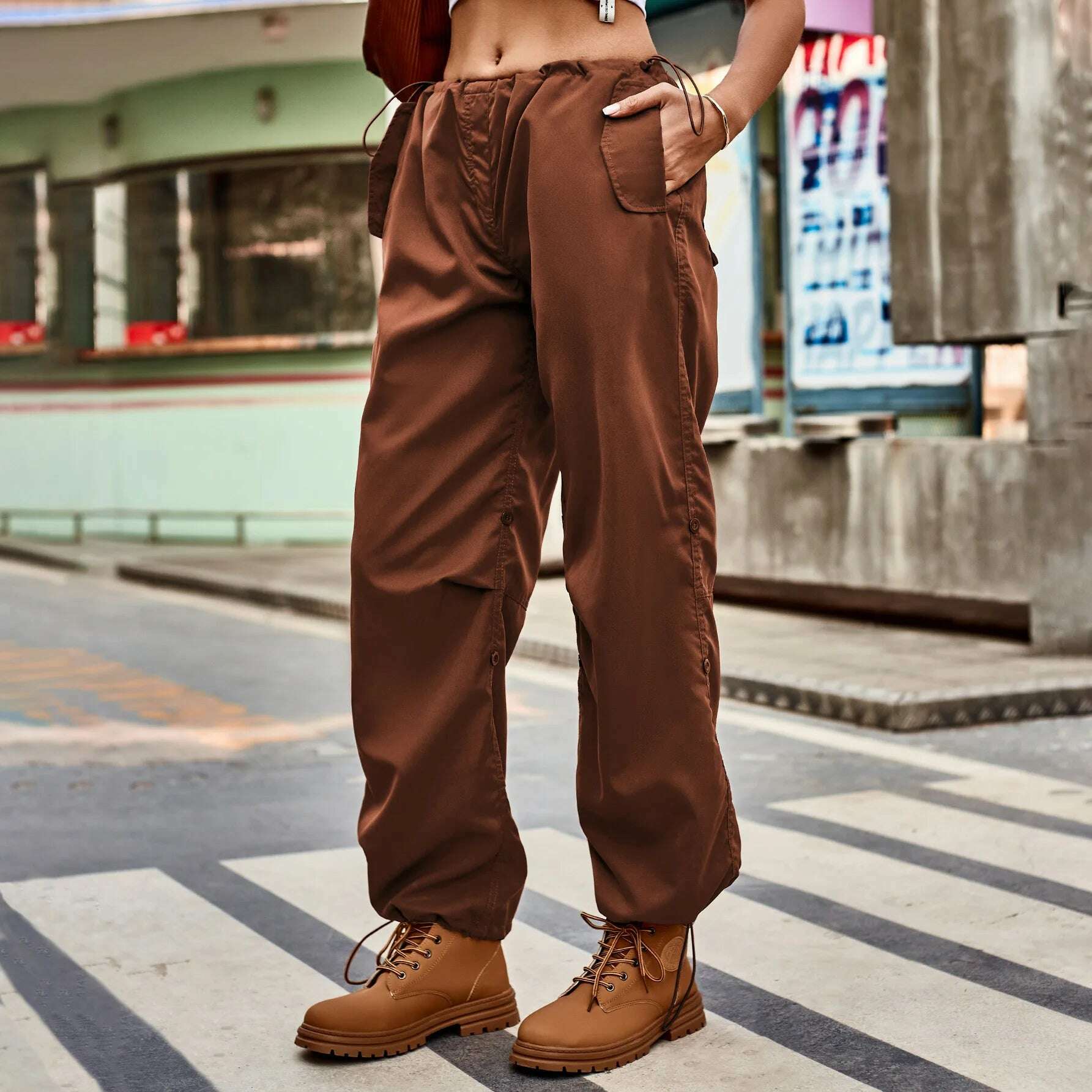 KIMLUD, Drawstring Low Waist Y2K Cargo Pants Women Pockets Baggy Hippie Wide Leg Trousers Korean Vintage Streetwear Sweatpant Pants, Brown / S, KIMLUD Women's Clothes