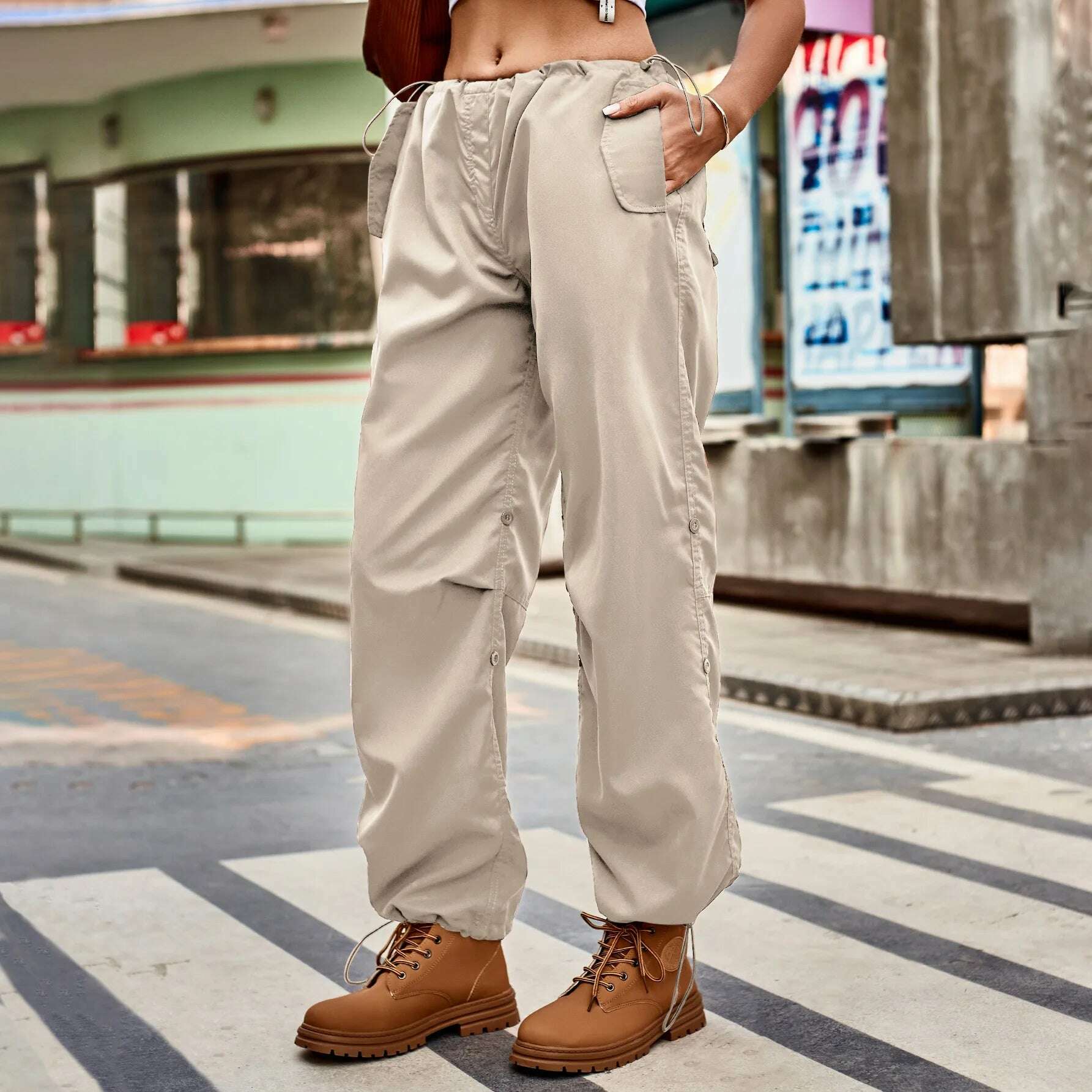 KIMLUD, Drawstring Low Waist Y2K Cargo Pants Women Pockets Baggy Hippie Wide Leg Trousers Korean Vintage Streetwear Sweatpant Pants, Khaki / S, KIMLUD Women's Clothes