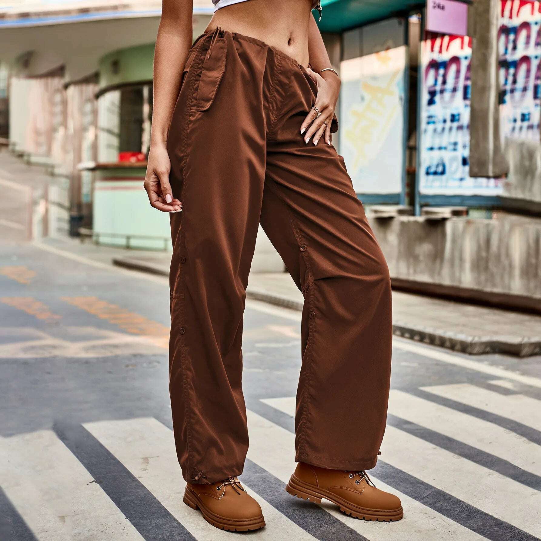 KIMLUD, Drawstring Low Waist Y2K Cargo Pants Women Pockets Baggy Hippie Wide Leg Trousers Korean Vintage Streetwear Sweatpant Pants, KIMLUD Womens Clothes