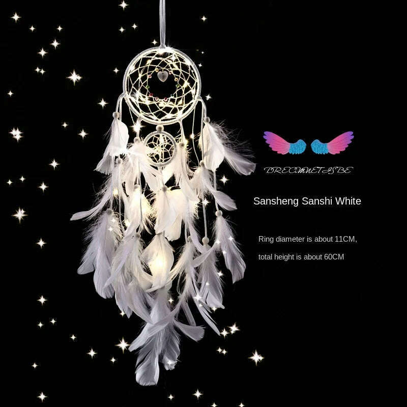 KIMLUD, Dream Catcher Bedroom Decoration Wind Chime Pendant Bedside Decoration Mori Pendant Dream Bell Pendant Bedroom Decor, white with light, KIMLUD Womens Clothes