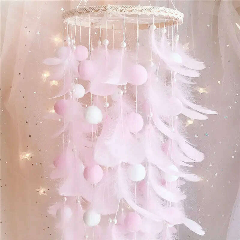 KIMLUD, Dream Catcher Wind Chimes Art Chimes Girls Room Decorations Bedroom Pendant Accessories Bedroom Decoration Gift Handmade Feather, A-pink / With light, KIMLUD APPAREL - Womens Clothes