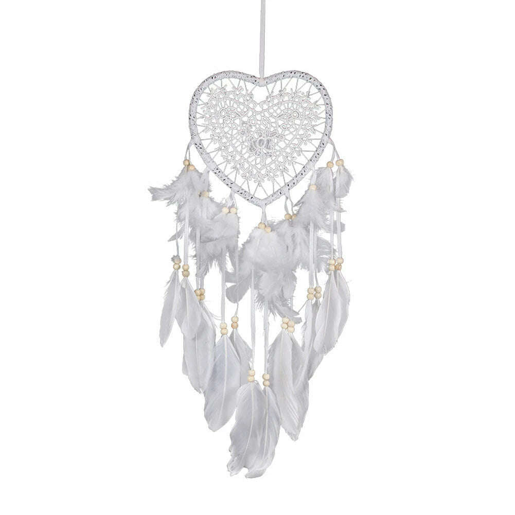 KIMLUD, Dream Catcher With LED String Hollow Hoop Heart Shape Pendant Feathers Handmade Night Light Wall Hanging Home Decor Gift, White No LED, KIMLUD Womens Clothes